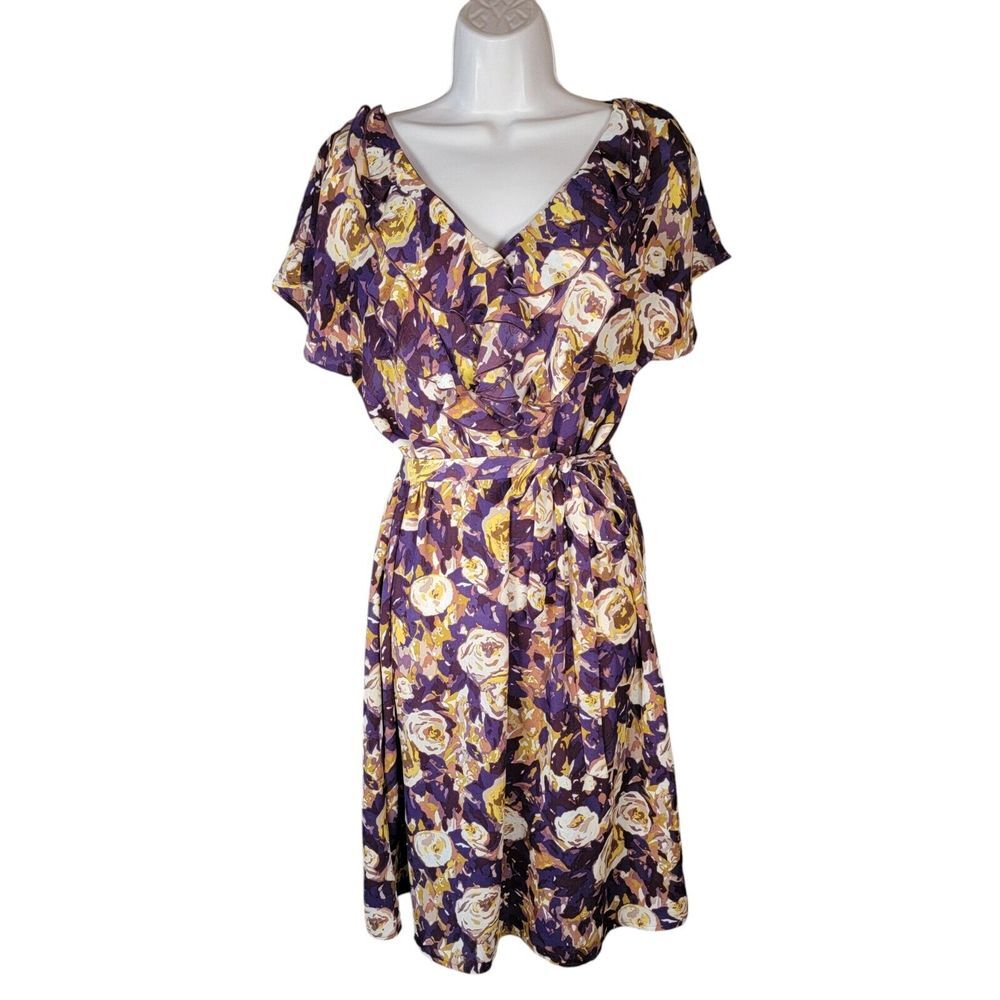Lands End Size 10 Dress Purple Yellow Floral Short Sleeve VNeck Ruffle Tie Waist